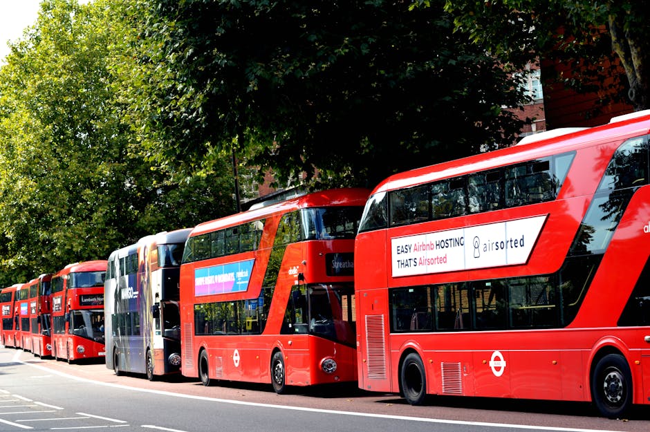 A row of red double-decker buses parked along a street in Clapham, with lush green trees overhead and a brick building partially visible behind the foliage. The buses are stationary, with some displaying advertising banners on their sides, and are aligned parallel to the pavement. The scene captures an urban setting typical of Clapham Common, relevant to moving and transportation logistics. The image illustrates the busy public transport environment that a house removal company like Lambeth Removals may consider when planning furniture transport and route logistics during a home relocation or packing and moving process, highlighting travel routes used for residential relocations in the area.